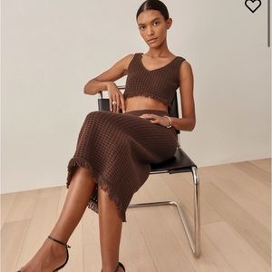 Reformation Lieta two piece brown SZ S crochet midi skirt crop top like new